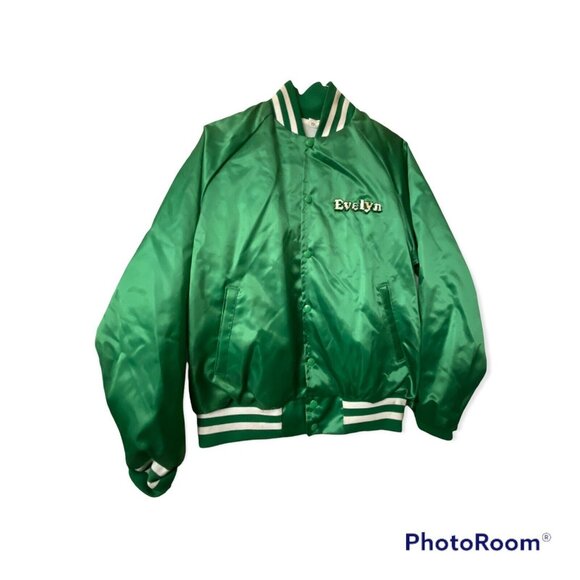 Vintage Green Nylon Varsity Jacket Evelyn Letterman Style Deer Patch Design L - Picture 2 of 7
